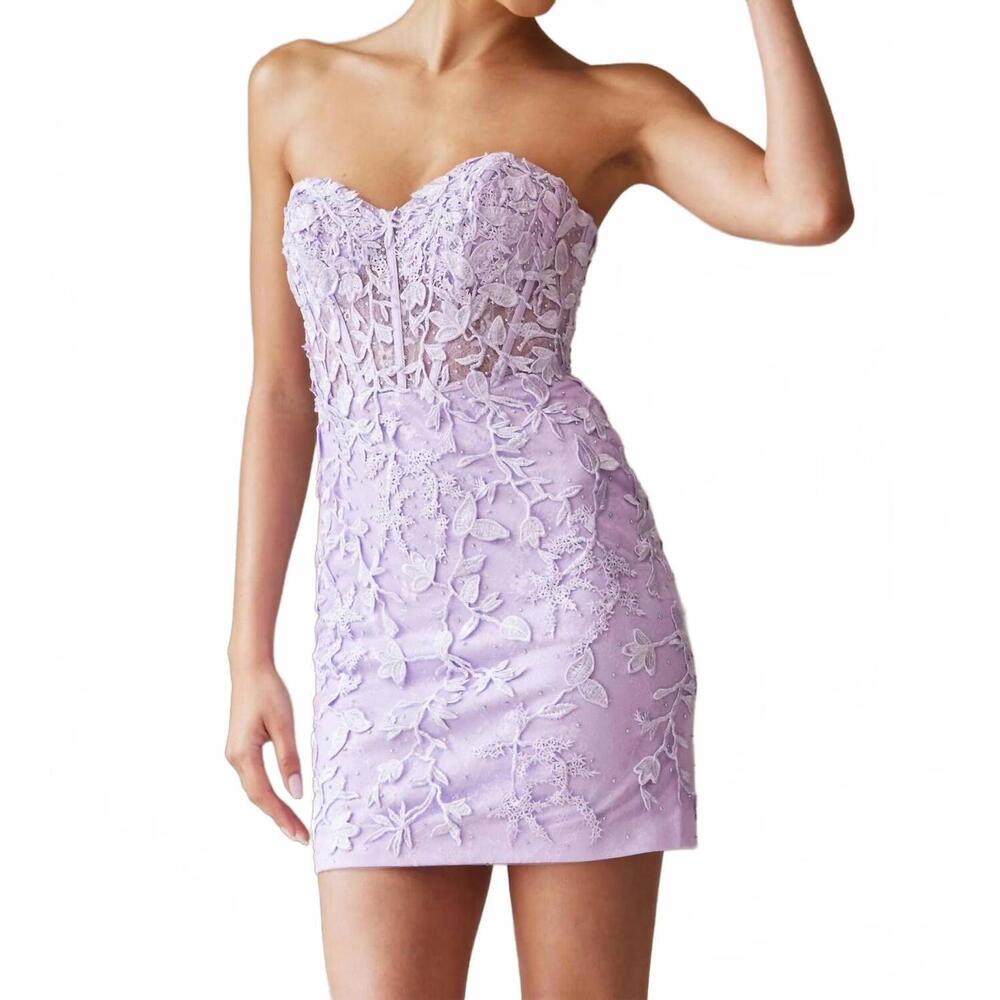 NEW AMELIA COUTURE embroidered-lace strapless mini dress in lilac